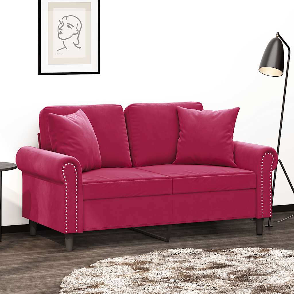 Canapé 2 places avec oreillers bordeaux 120 cm velours - XIOS