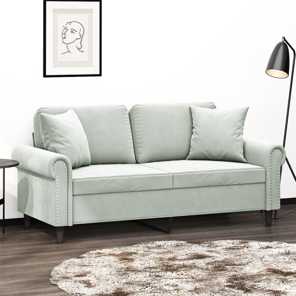 Canapé 2 places avec oreillers gris clair 140 cm velours - XIOS