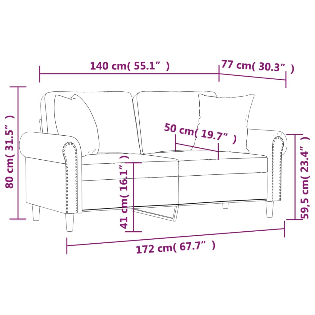 Canapé 2 places avec oreillers décoratifs rose 140 cm velours - XIOS