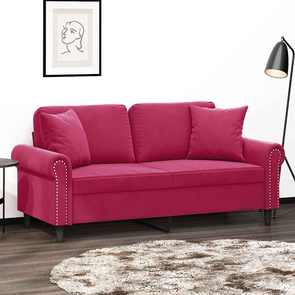 Canapé 2 places avec oreillers bordeaux 140 cm velours - XIOS