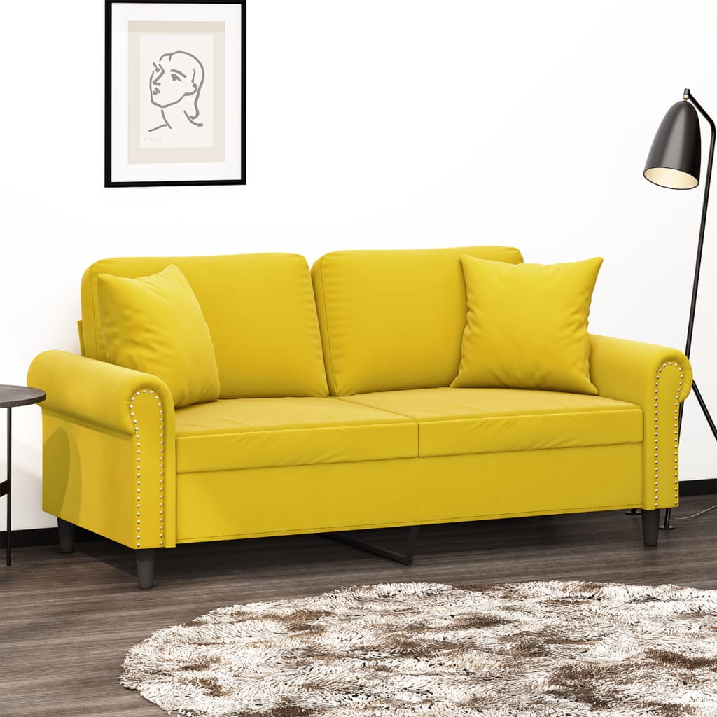 Canapé 2 places avec oreillers décoratifs jaune 140 cm velours - XIOS