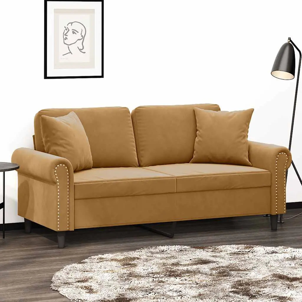 Canapé 2 places avec oreillers décoratifs brun 140 cm velours - XIOS