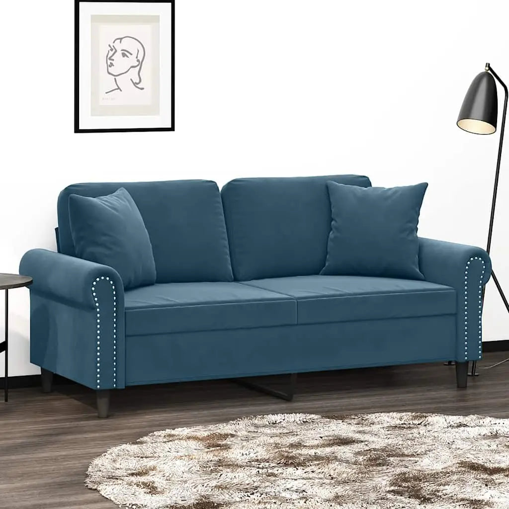 Canapé 2 places avec oreillers décoratifs bleu 140 cm velours - XIOS