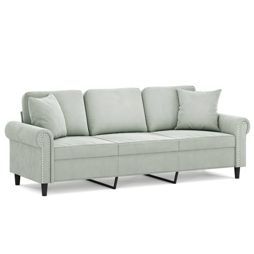 Canapé 3 places avec oreillers gris clair 180 cm velours - XIOS