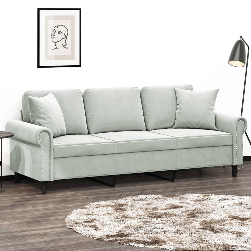 Canapé 3 places avec oreillers gris clair 180 cm velours - XIOS