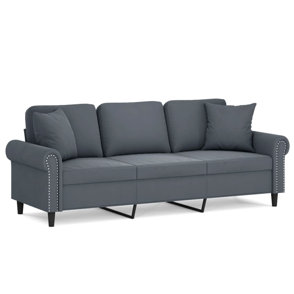 Canapé 3 places avec oreillers gris foncé 180 cm velours - XIOS