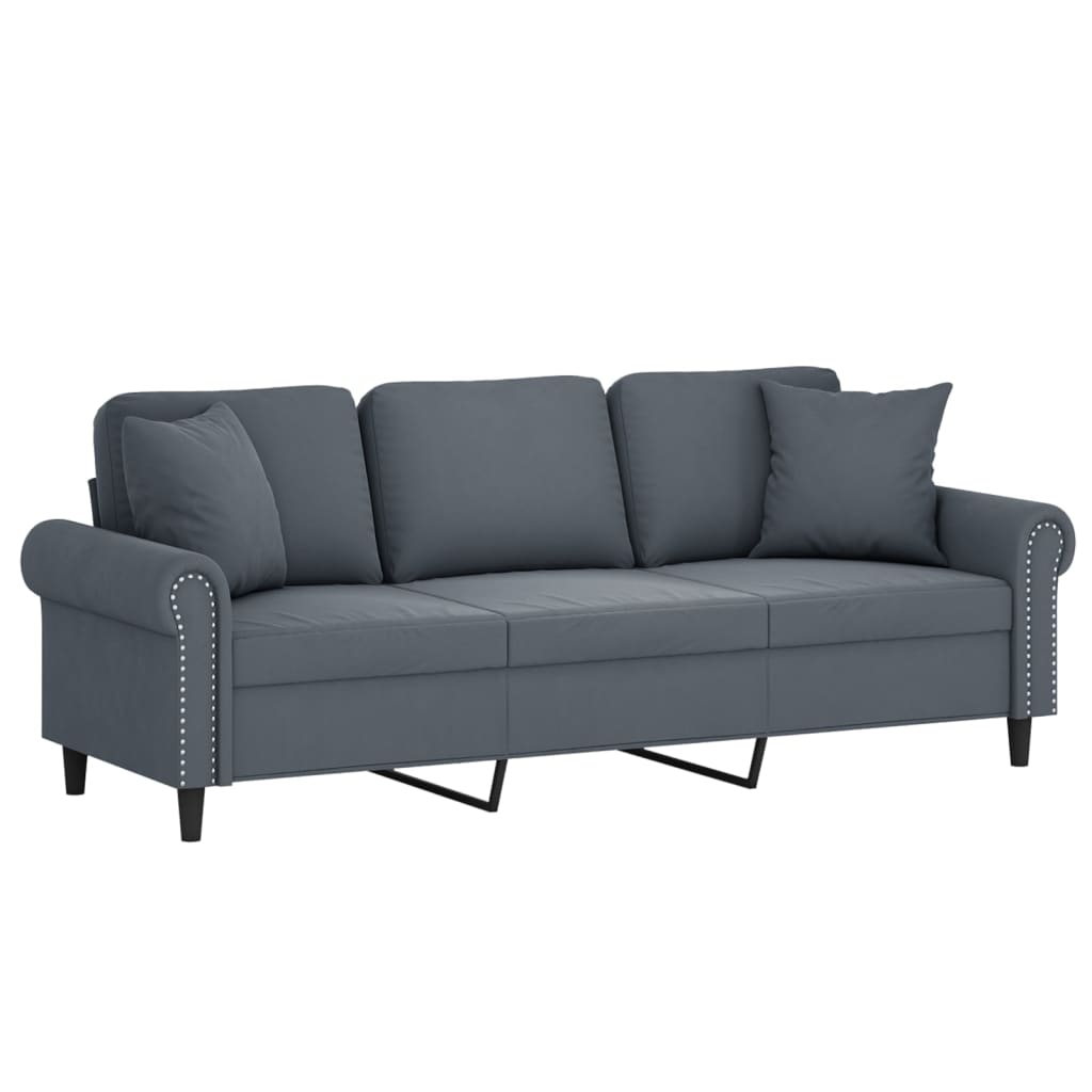 Canapé 3 places avec oreillers gris foncé 180 cm velours - XIOS