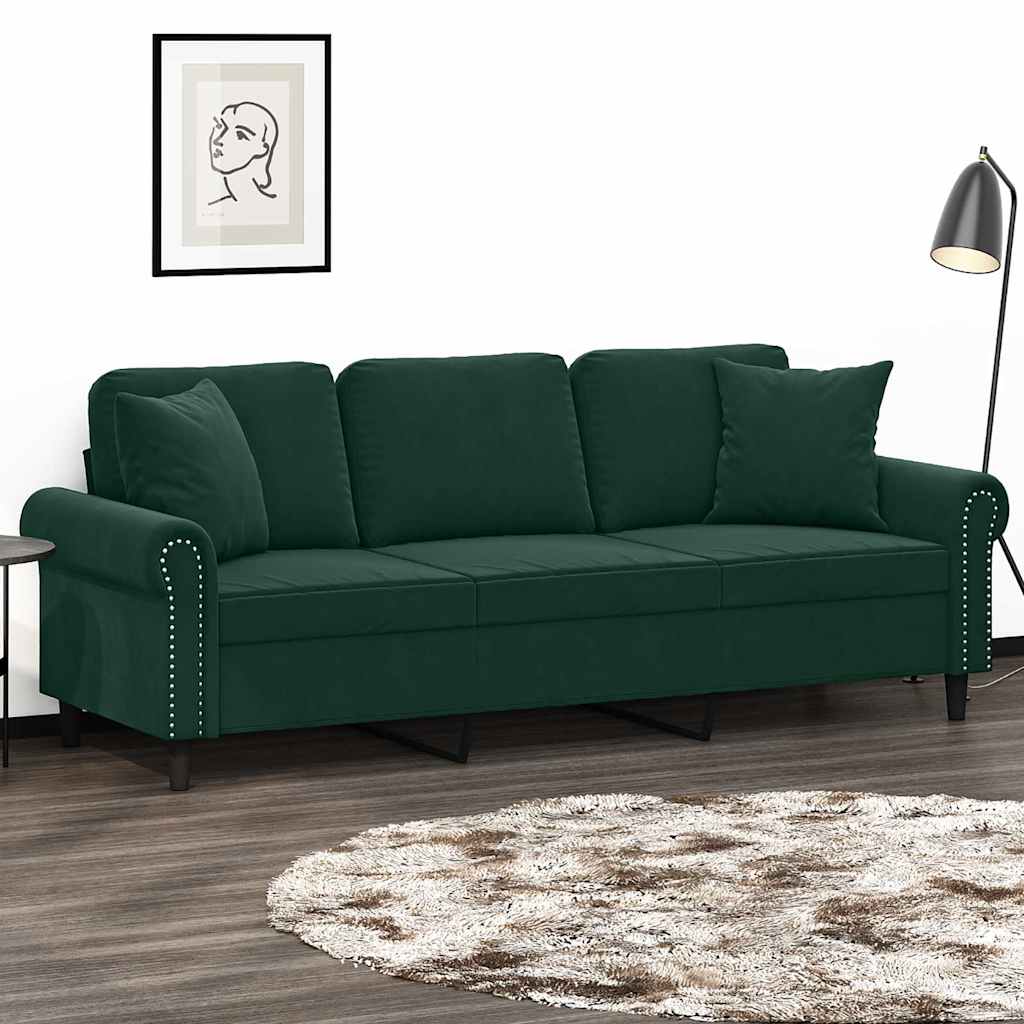 Canapé 3 places avec oreillers vert foncé 180 cm velours - XIOS