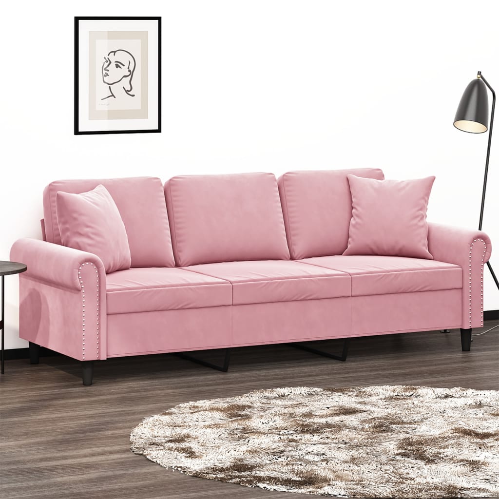 Canapé 3 places avec oreillers décoratifs rose 180 cm velours - XIOS