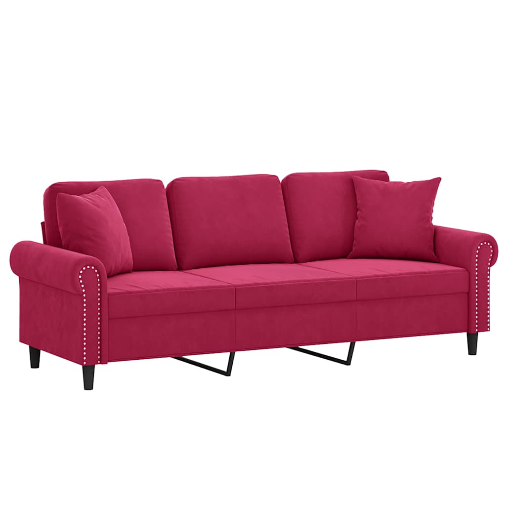 Canapé 3 places avec oreillers bordeaux 180 cm velours - XIOS