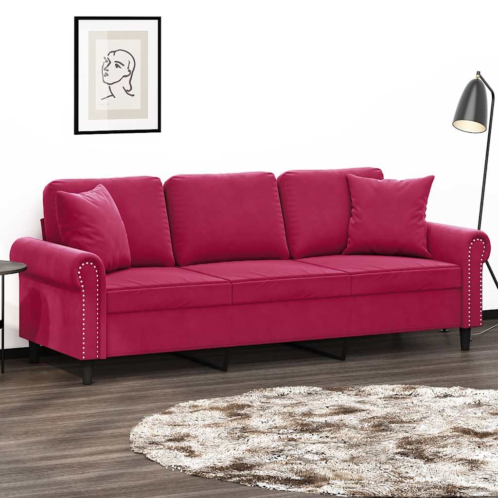 Canapé 3 places avec oreillers bordeaux 180 cm velours - XIOS