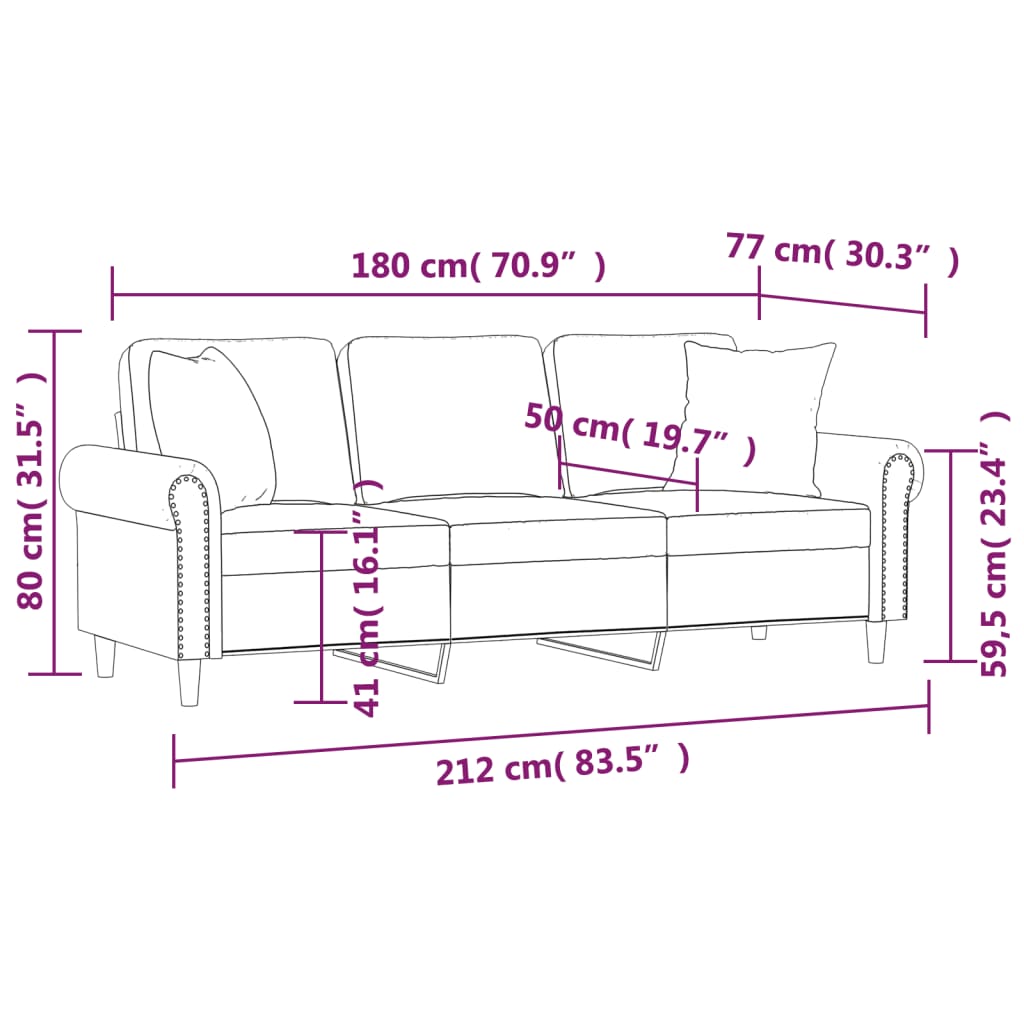 Canapé 3 places avec oreillers décoratifs noir 180 cm velours - XIOS