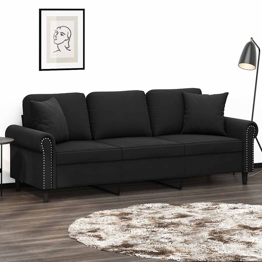 Canapé 3 places avec oreillers décoratifs noir 180 cm velours - XIOS