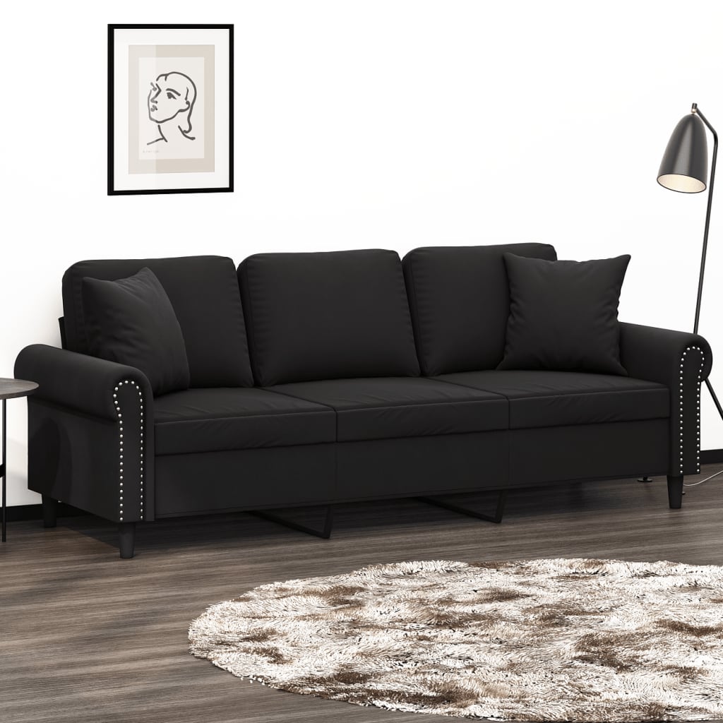 Canapé 3 places avec oreillers décoratifs noir 180 cm velours - XIOS
