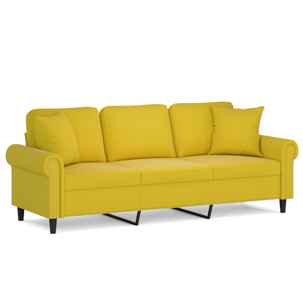 Canapé 3 places avec oreillers décoratifs jaune 180 cm velours - XIOS