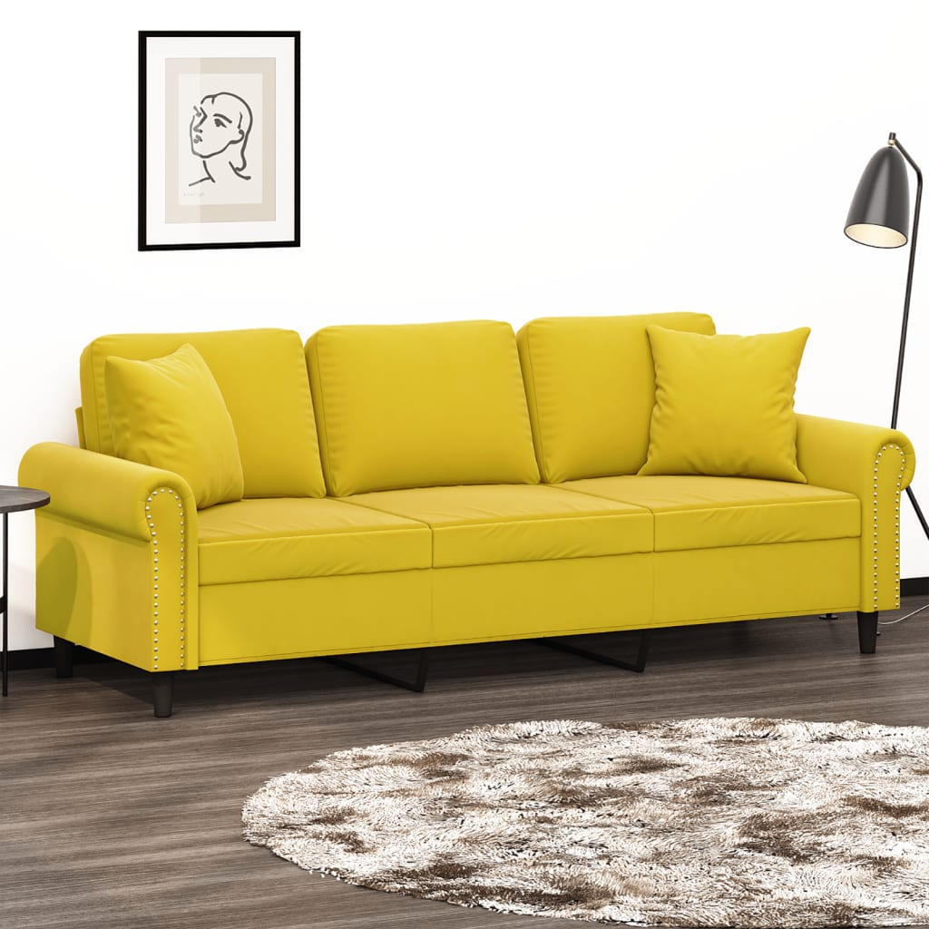 Canapé 3 places avec oreillers décoratifs jaune 180 cm velours - XIOS
