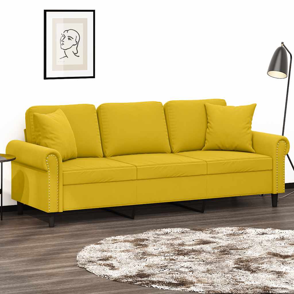 Canapé 3 places avec oreillers décoratifs jaune 180 cm velours