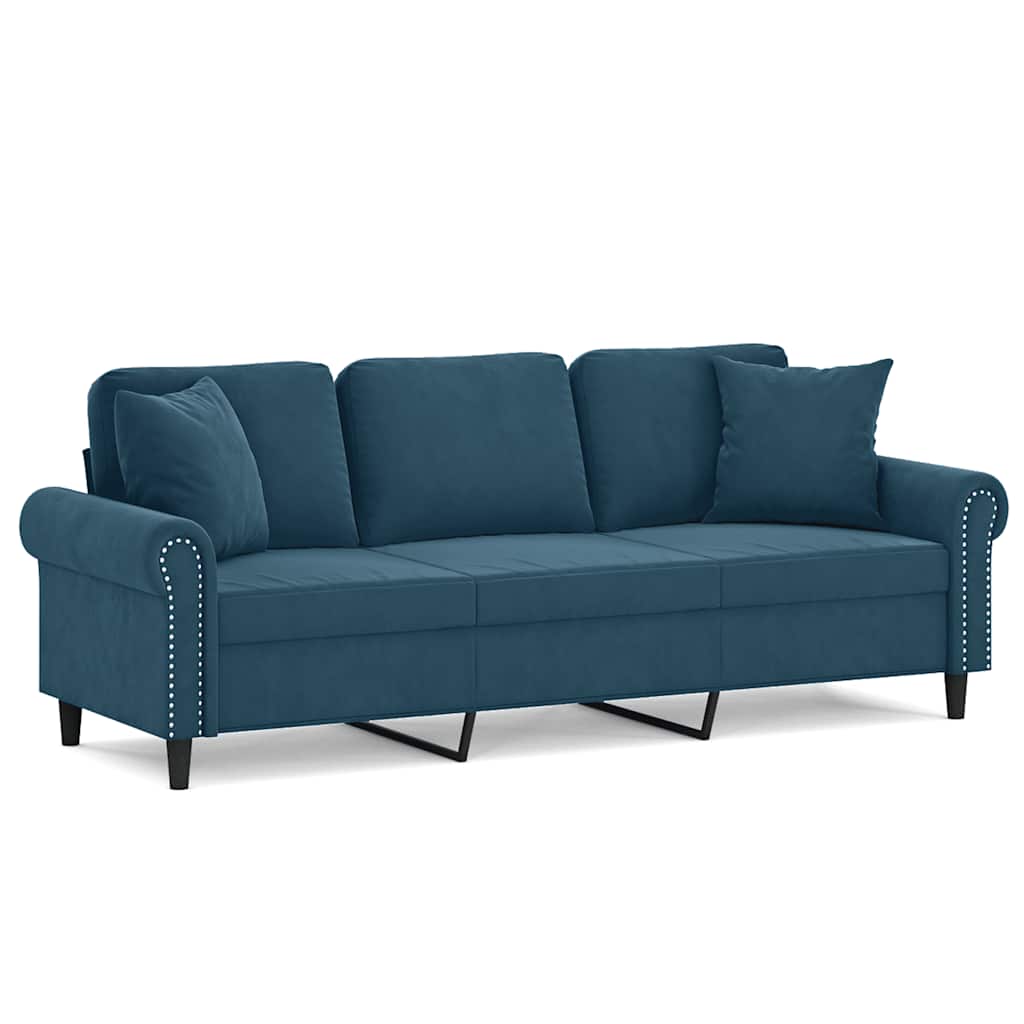 Canapé 3 places avec oreillers décoratifs bleu 180 cm velours