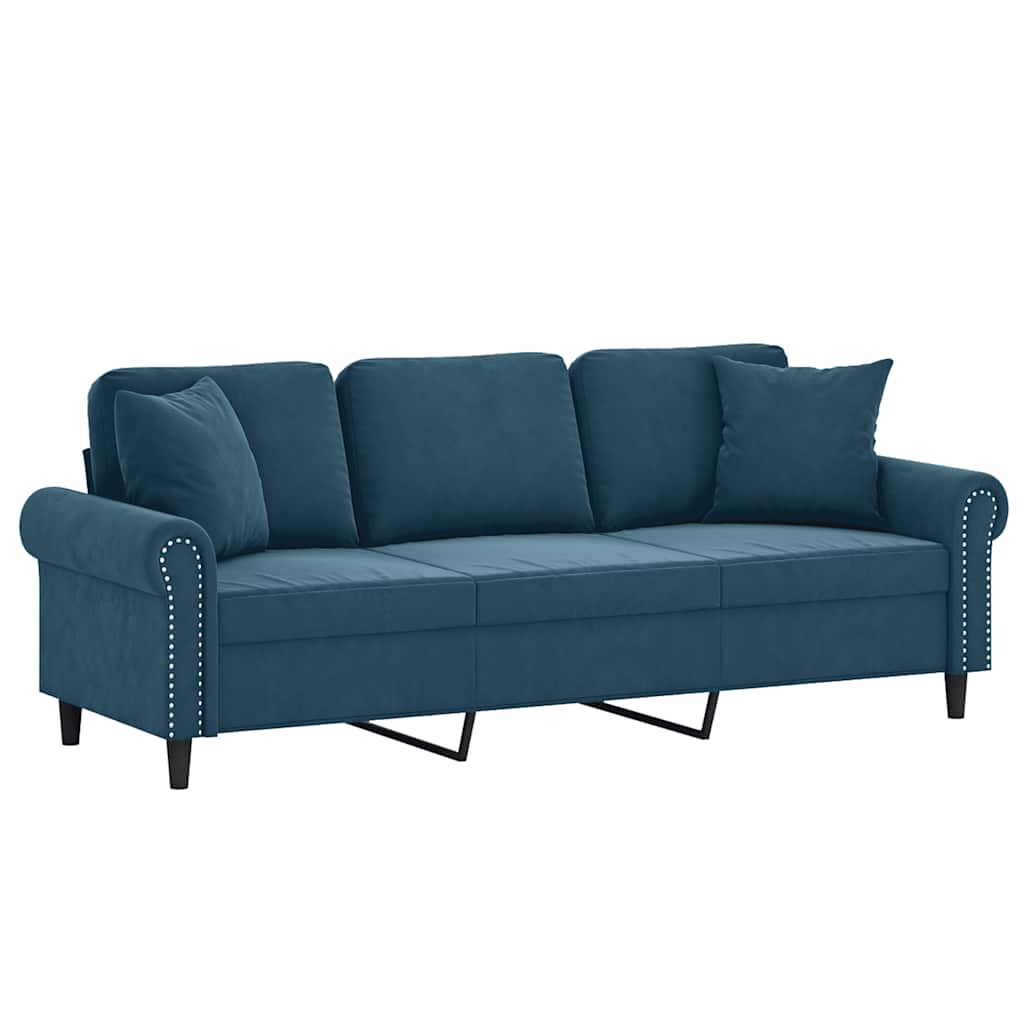 Canapé 3 places avec oreillers décoratifs bleu 180 cm velours