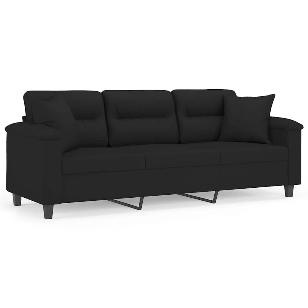 Canapé 3 places avec oreillers noir 180 cm tissu microfibre