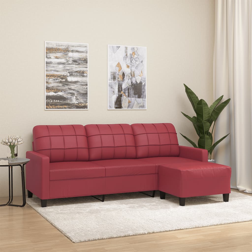 Canapé à 3 places repose-pieds Rouge bordeaux 180 cm Similicuir