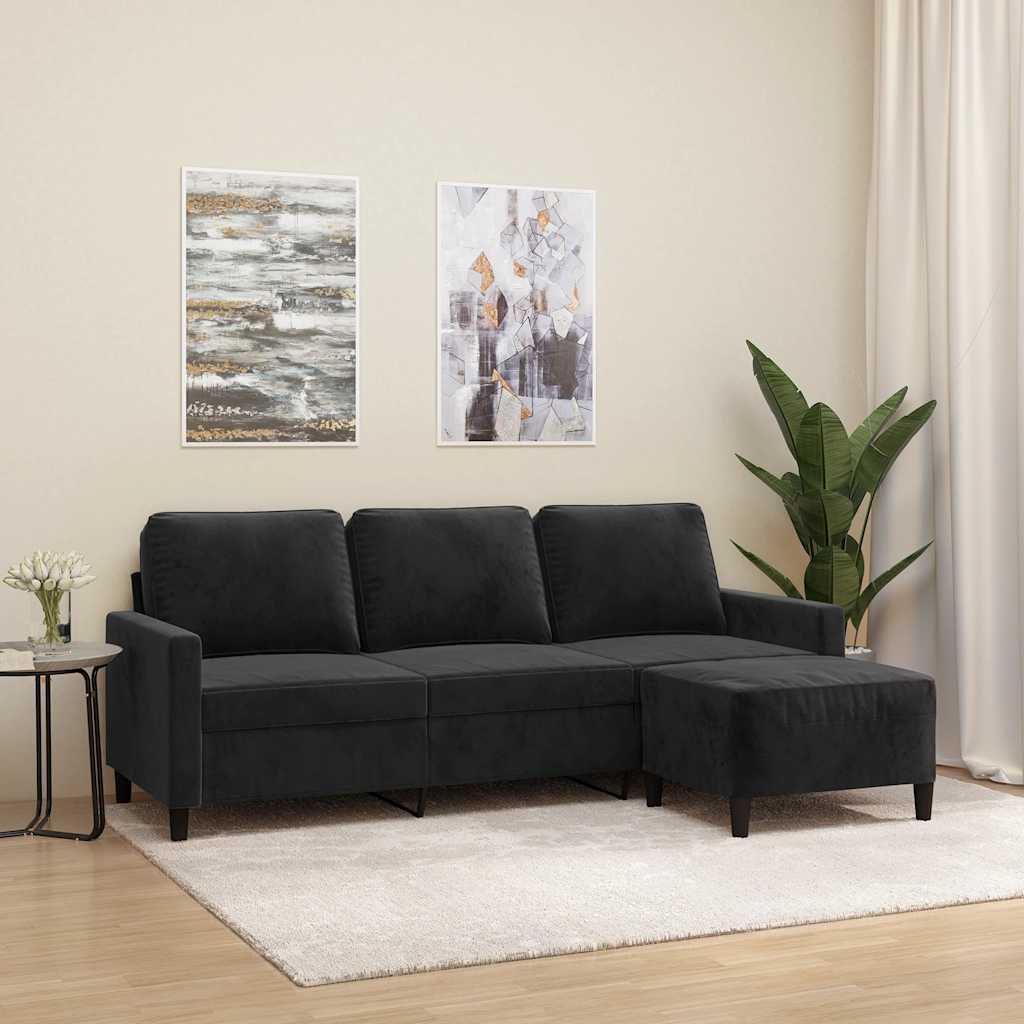 Canapé à 3 places avec repose-pieds Noir 180 cm Velours