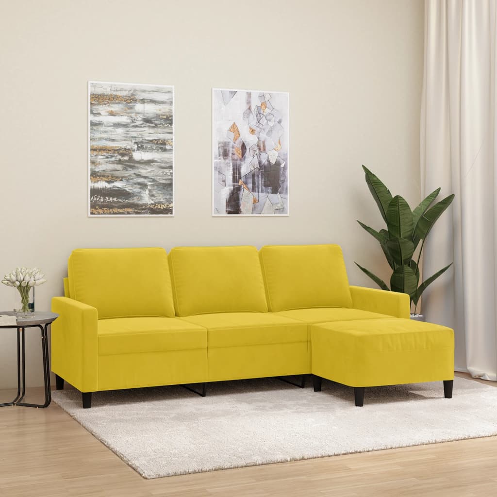 Canapé à 3 places avec repose-pieds jaune 180 cm velours - XIOS