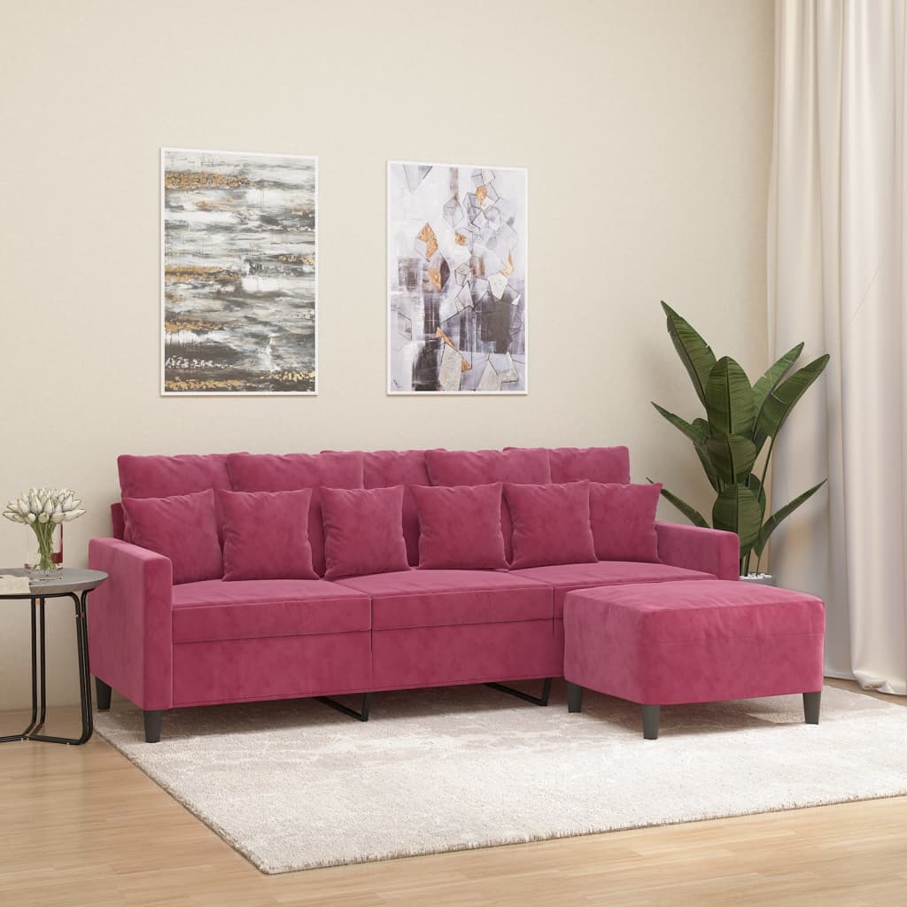 Canapé à 3 places et repose-pieds Rouge bordeaux 180 cm Velours - XIOS