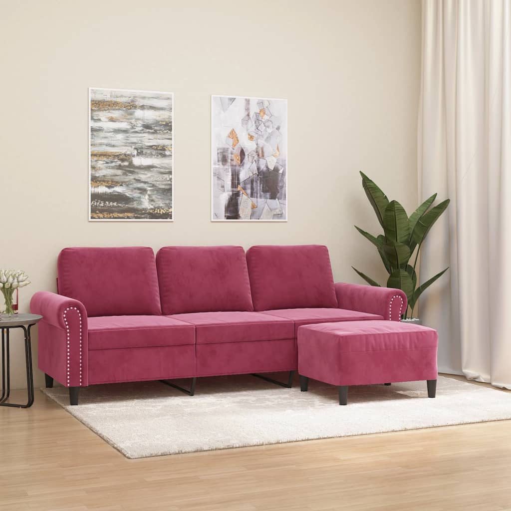 Canapé à 3 places et repose-pieds Rouge bordeaux 180 cm Velours - XIOS