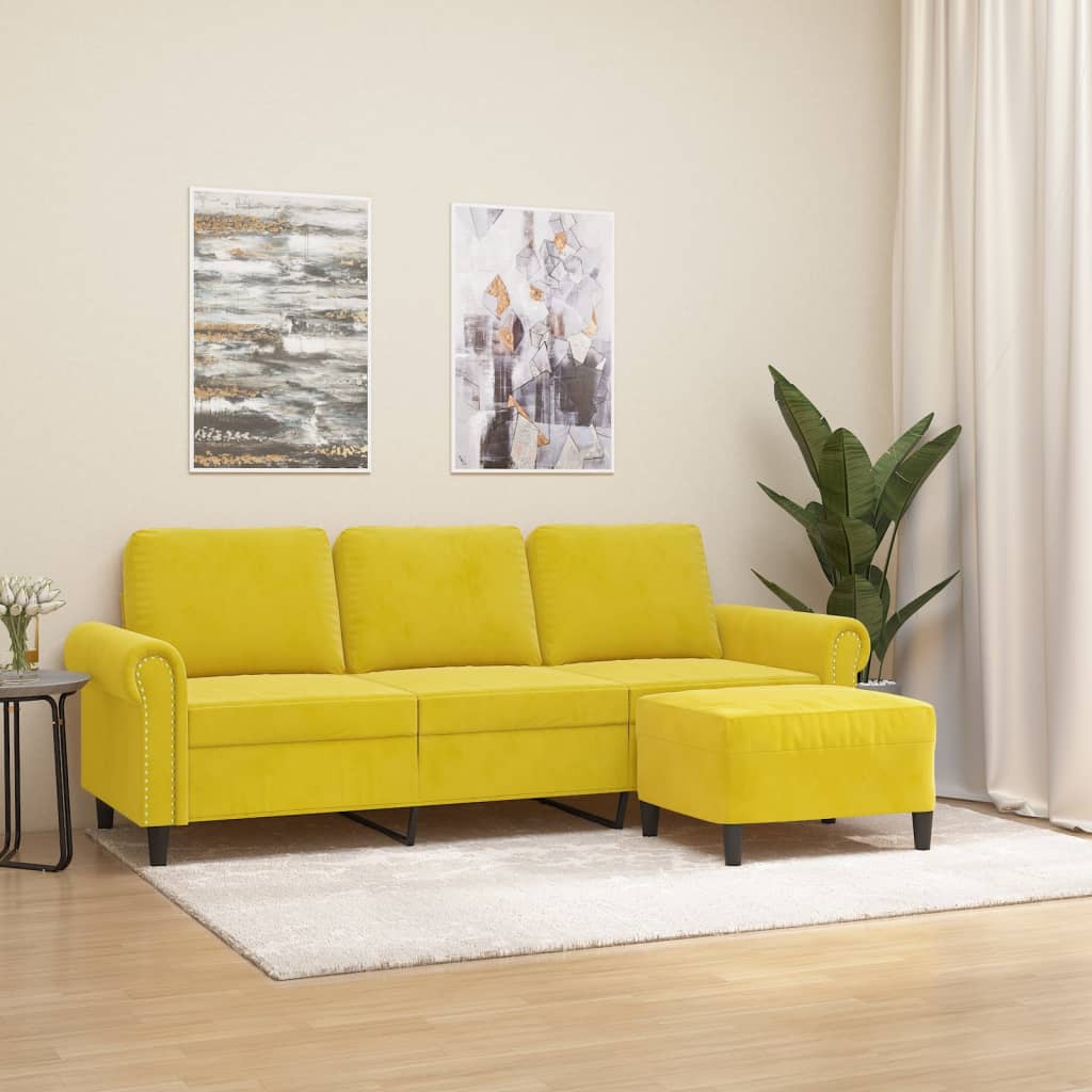 Canapé à 3 places avec repose-pieds jaune 180 cm velours - XIOS
