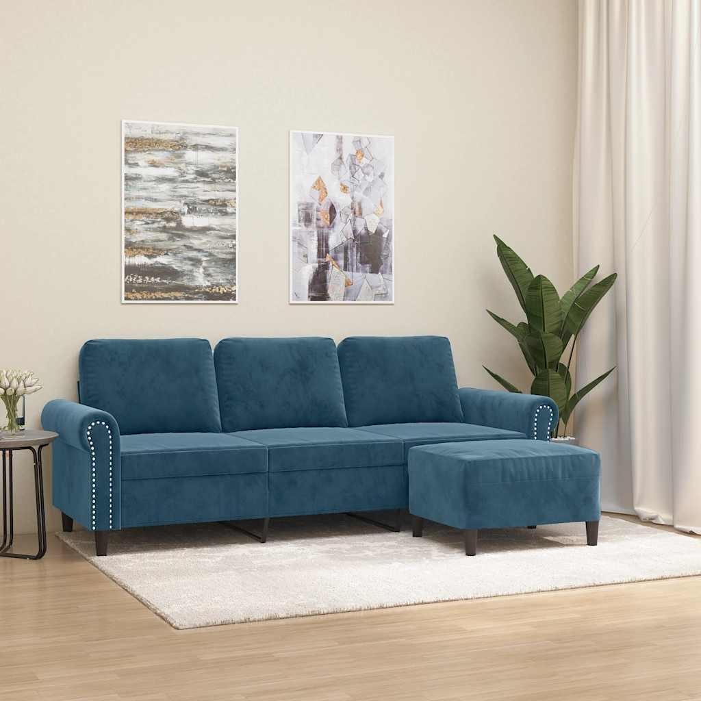 Canapé à 3 places avec repose-pieds Bleu 180 cm Velours - XIOS