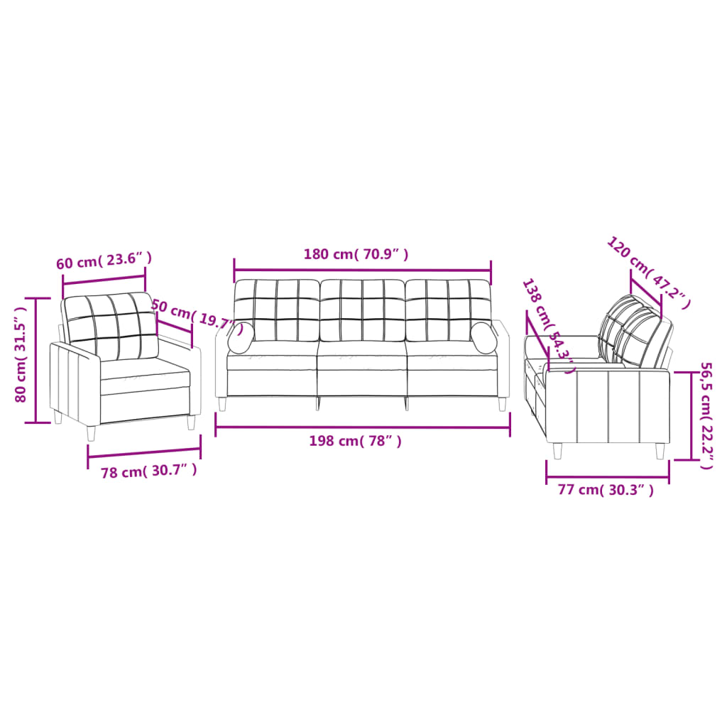 Ensemble de canapés 3 pcs avec coussins noir tissu - XIOS