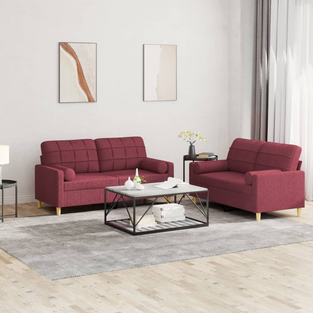 Ensemble de canapés 2 pcs avec coussins rouge bordeaux tissu - XIOS