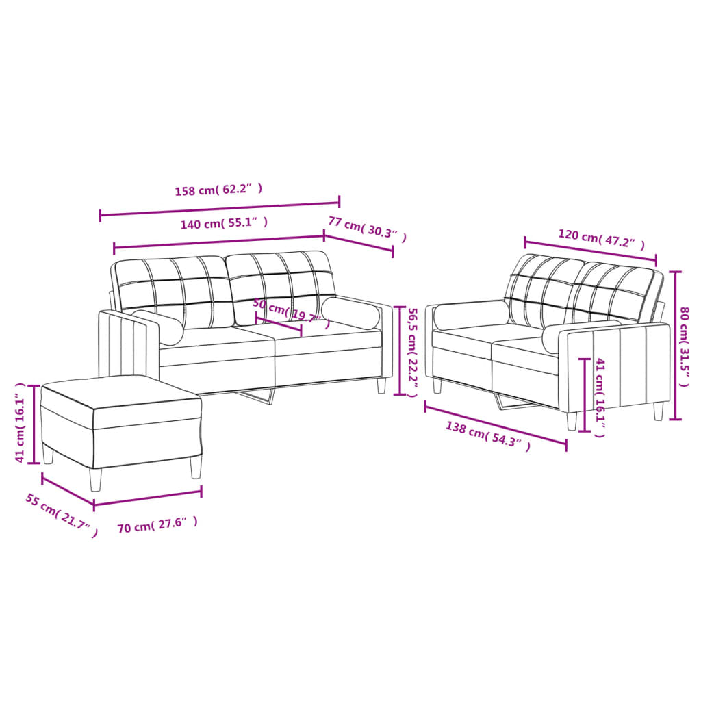 Ensemble de canapés 3 pcs avec coussins rouge bordeaux tissu - XIOS