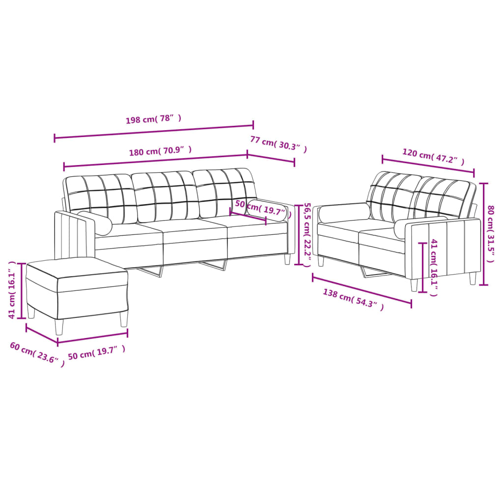 Ensemble de canapés 3 pcs avec coussins marron tissu