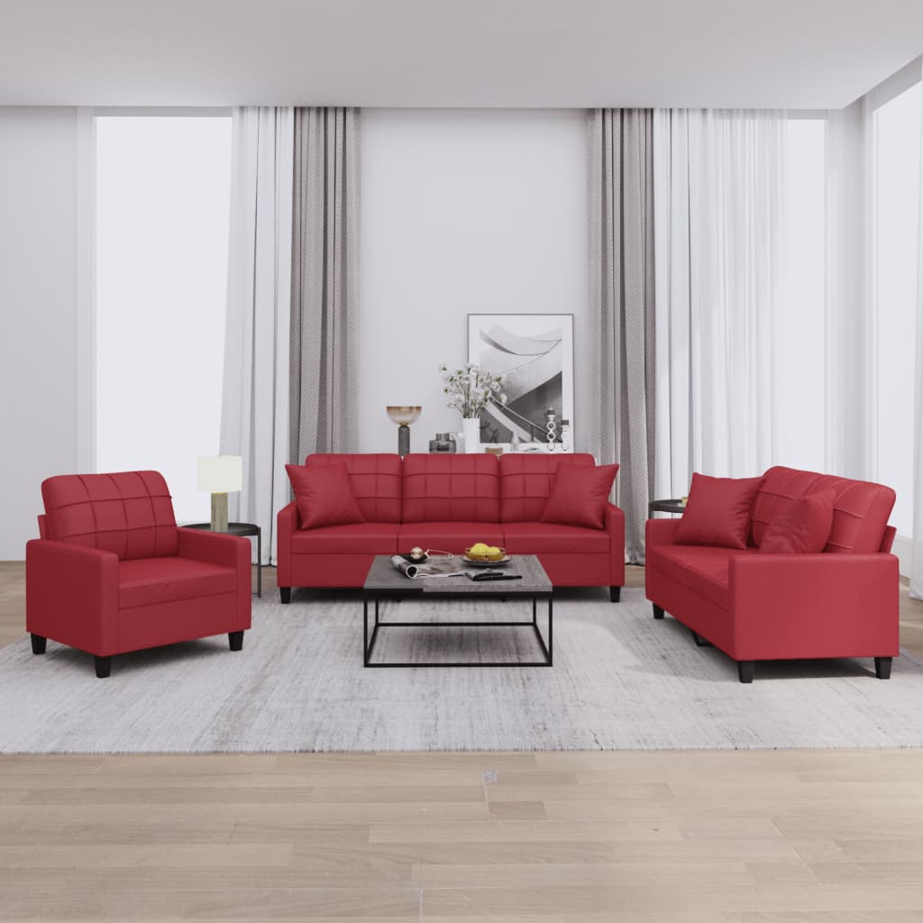 Ensemble de canapés 3 pcs et coussins rouge bordeaux similicuir - XIOS