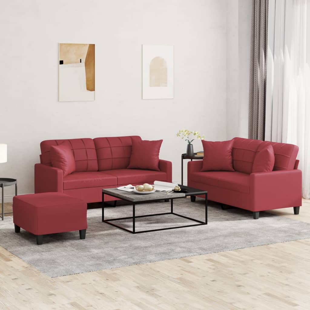 Ensemble de canapés 3 pcs et coussins rouge bordeaux similicuir - XIOS