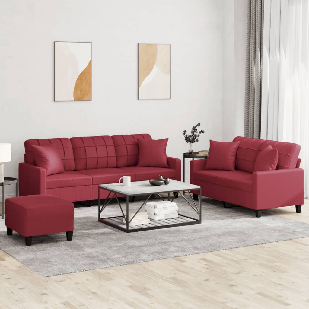 Ensemble de canapés 3 pcs et coussins rouge bordeaux similicuir - XIOS