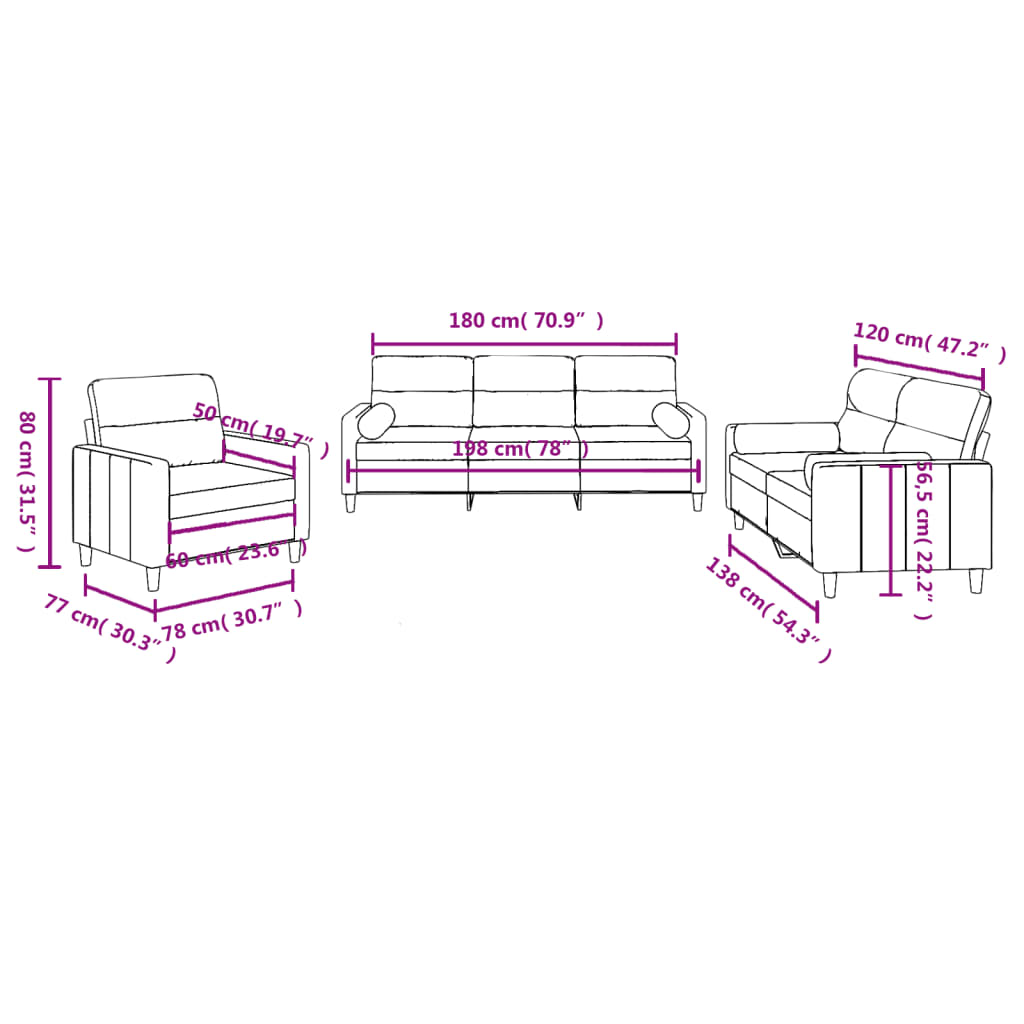 Ensemble de canapés 3 pcs avec coussins rouge bordeaux tissu - XIOS