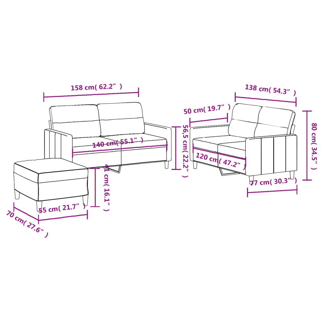 Ensemble de canapés 3 pcs avec coussins Noir Tissu - XIOS