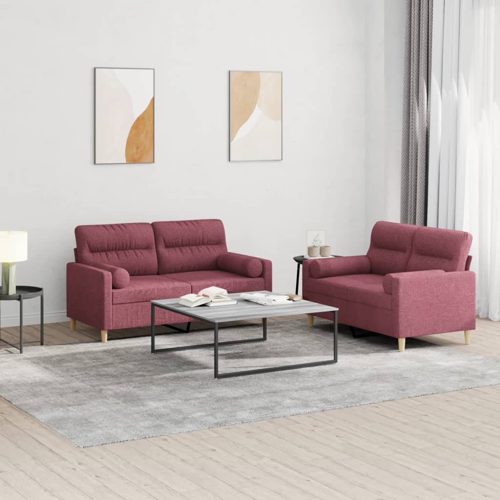 Ensemble de canapés 2 pcs avec coussins rouge bordeaux tissu - XIOS