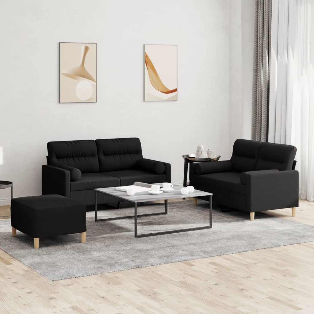 Ensemble de canapés 3 pcs avec coussins noir tissu