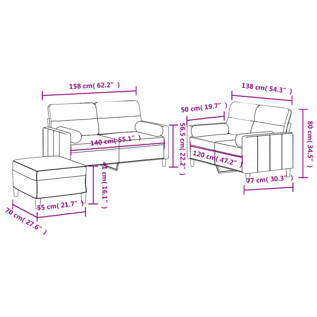 Ensemble de canapés 3 pcs avec coussins rouge bordeaux tissu - XIOS