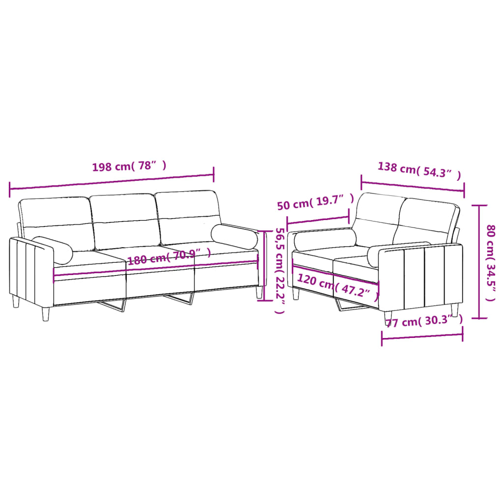 Ensemble de canapés 2 pcs avec coussins rouge bordeaux tissu - XIOS