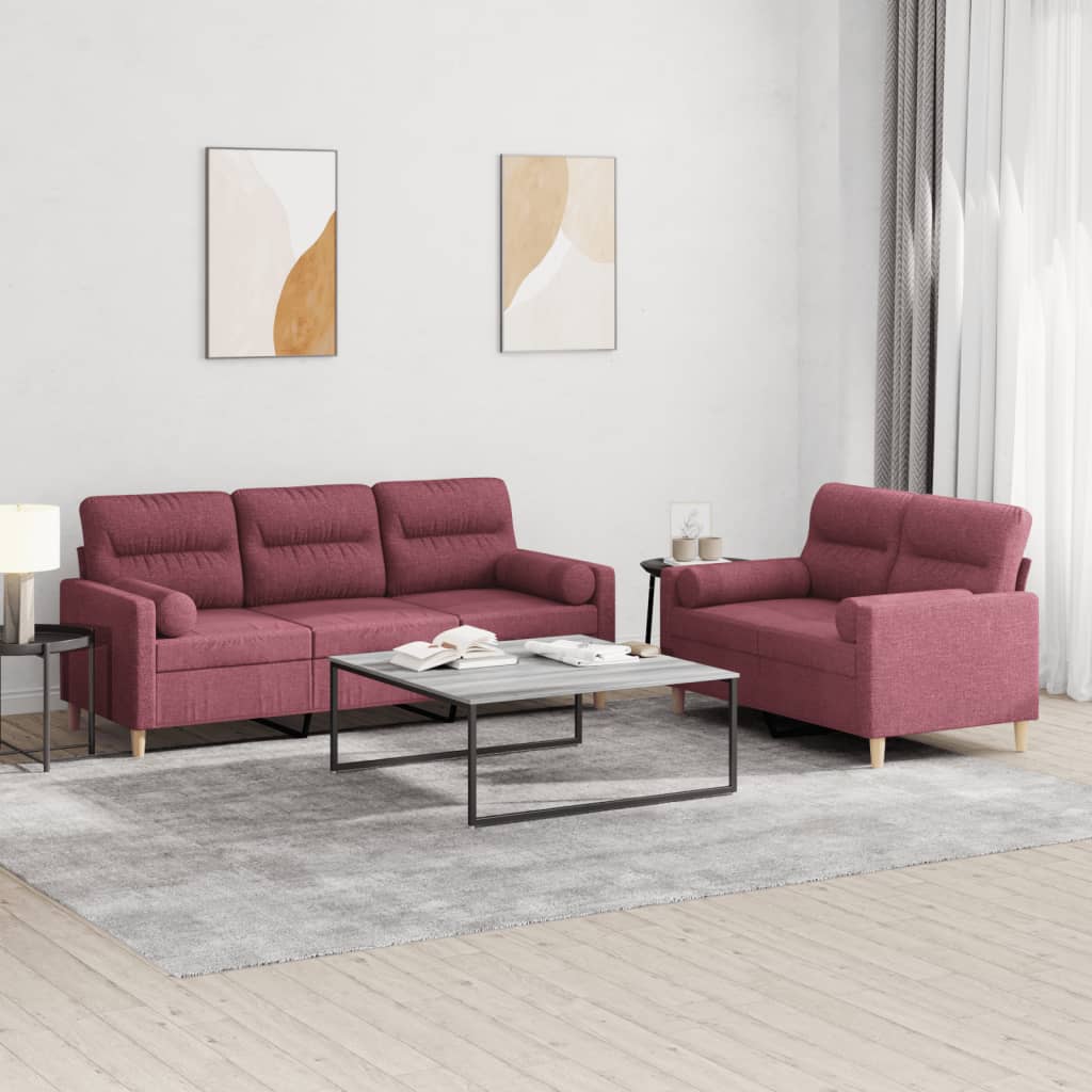 Ensemble de canapés 2 pcs avec coussins rouge bordeaux tissu - XIOS
