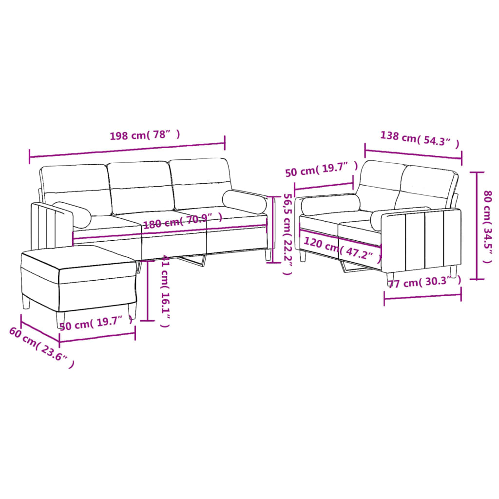 Ensemble de canapés 3 pcs avec coussins rouge bordeaux tissu - XIOS