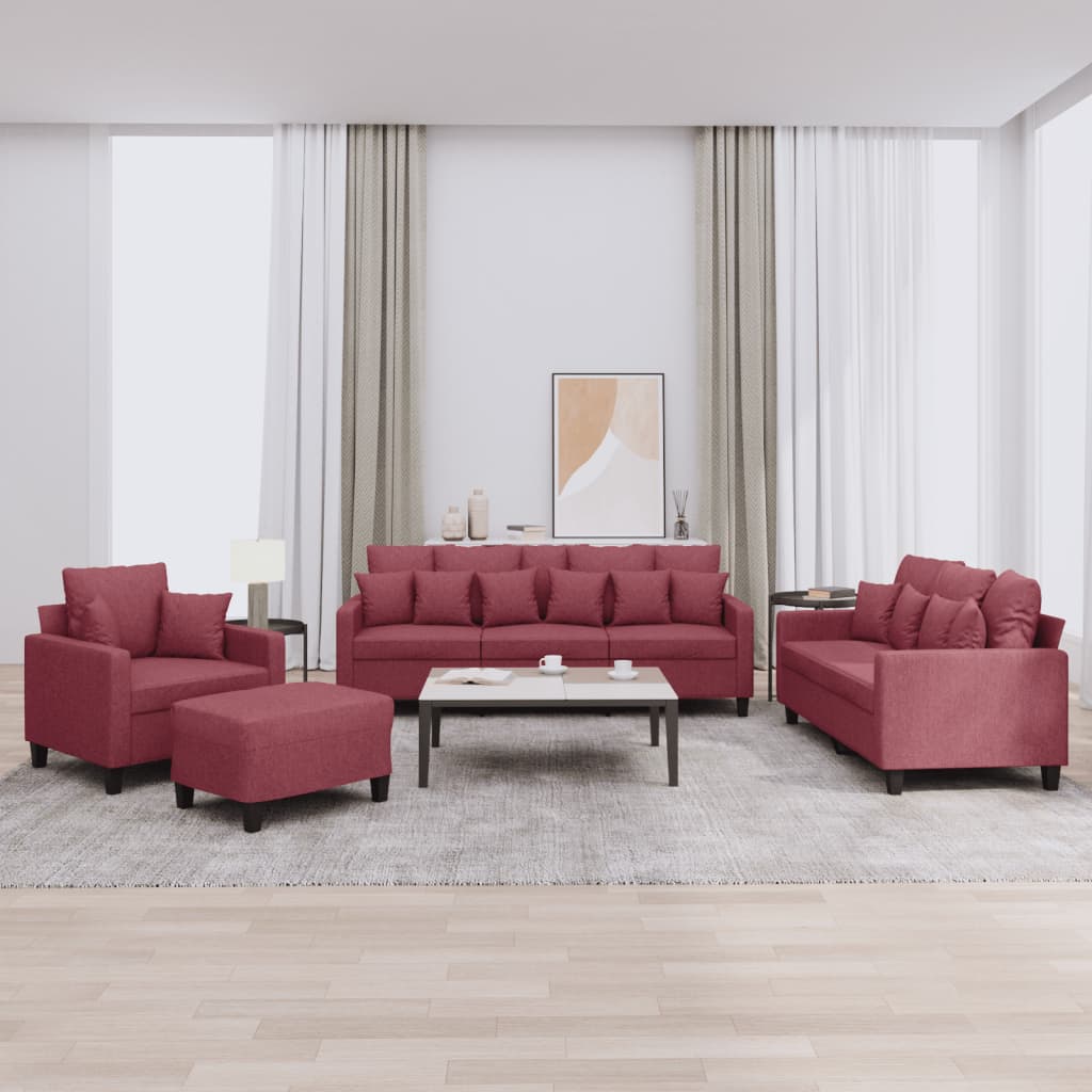 Ensemble de canapés 4 pcs avec coussins rouge bordeaux tissu