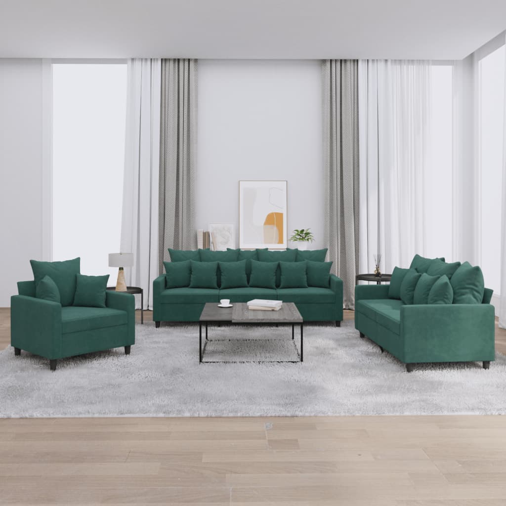 Ensemble de canapés 3 pcs avec coussins Vert foncé Velours