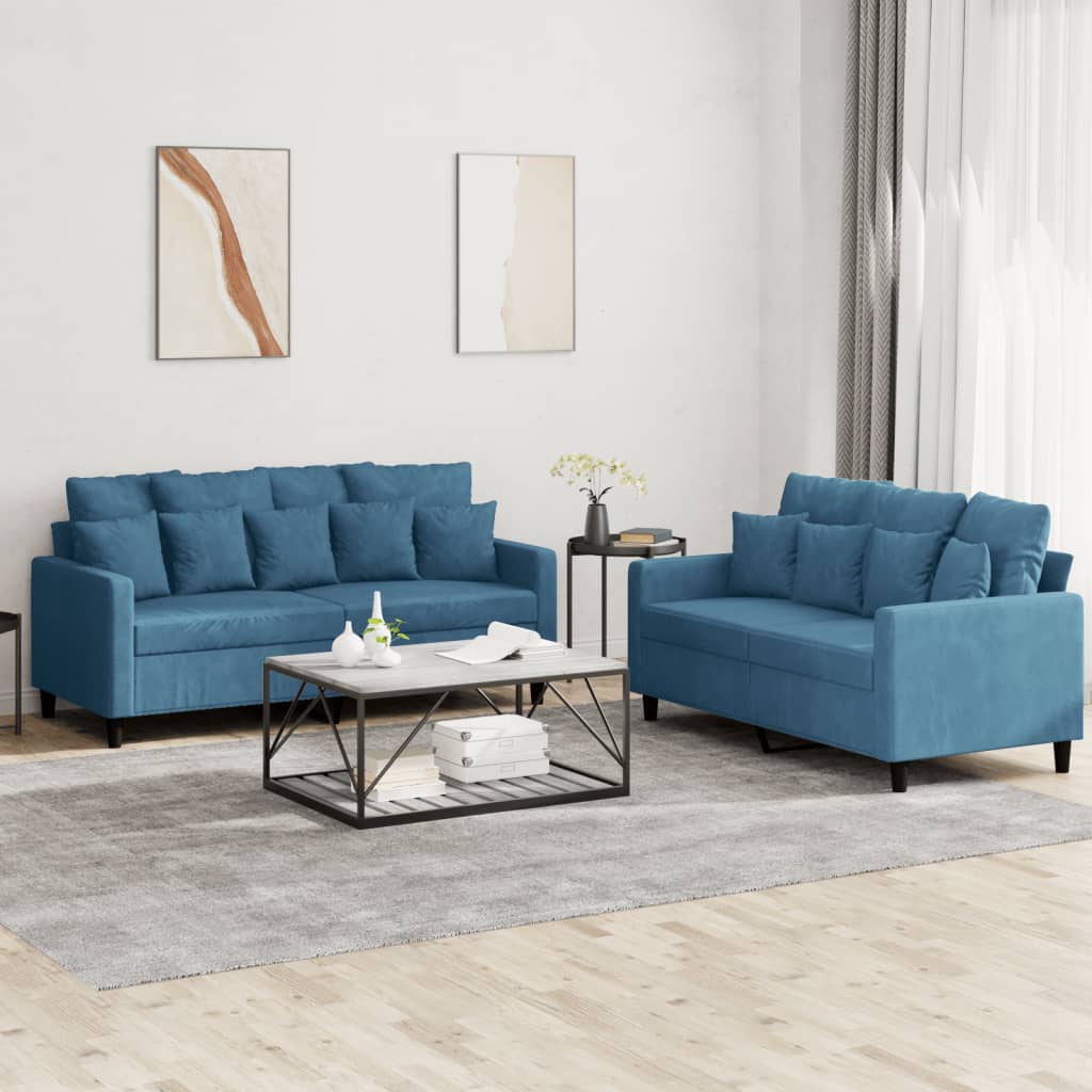 Ensemble de canapés 2 pcs avec coussins Bleu Velours - XIOS