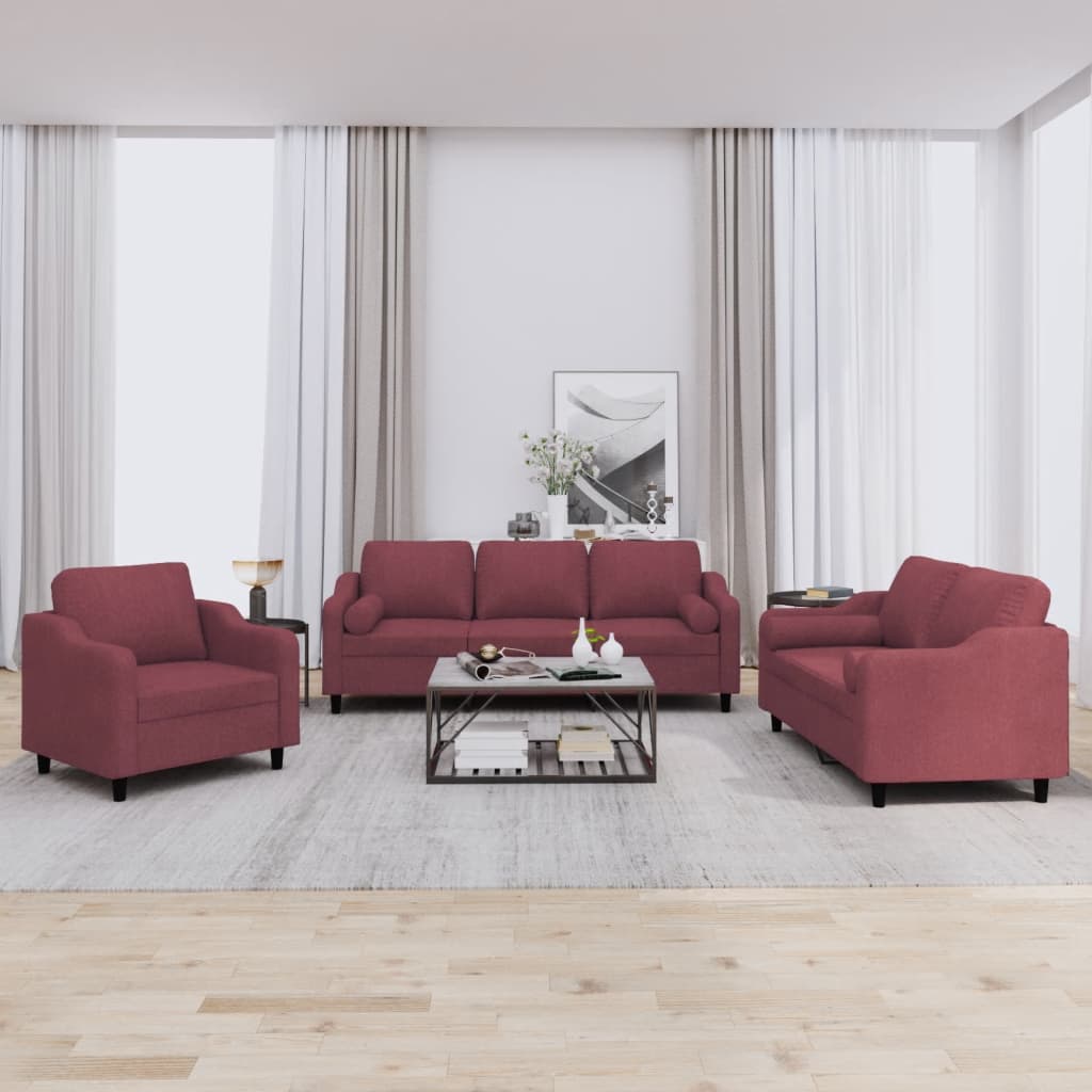 Ensemble de canapés 3 pcs avec coussins rouge bordeaux tissu - XIOS